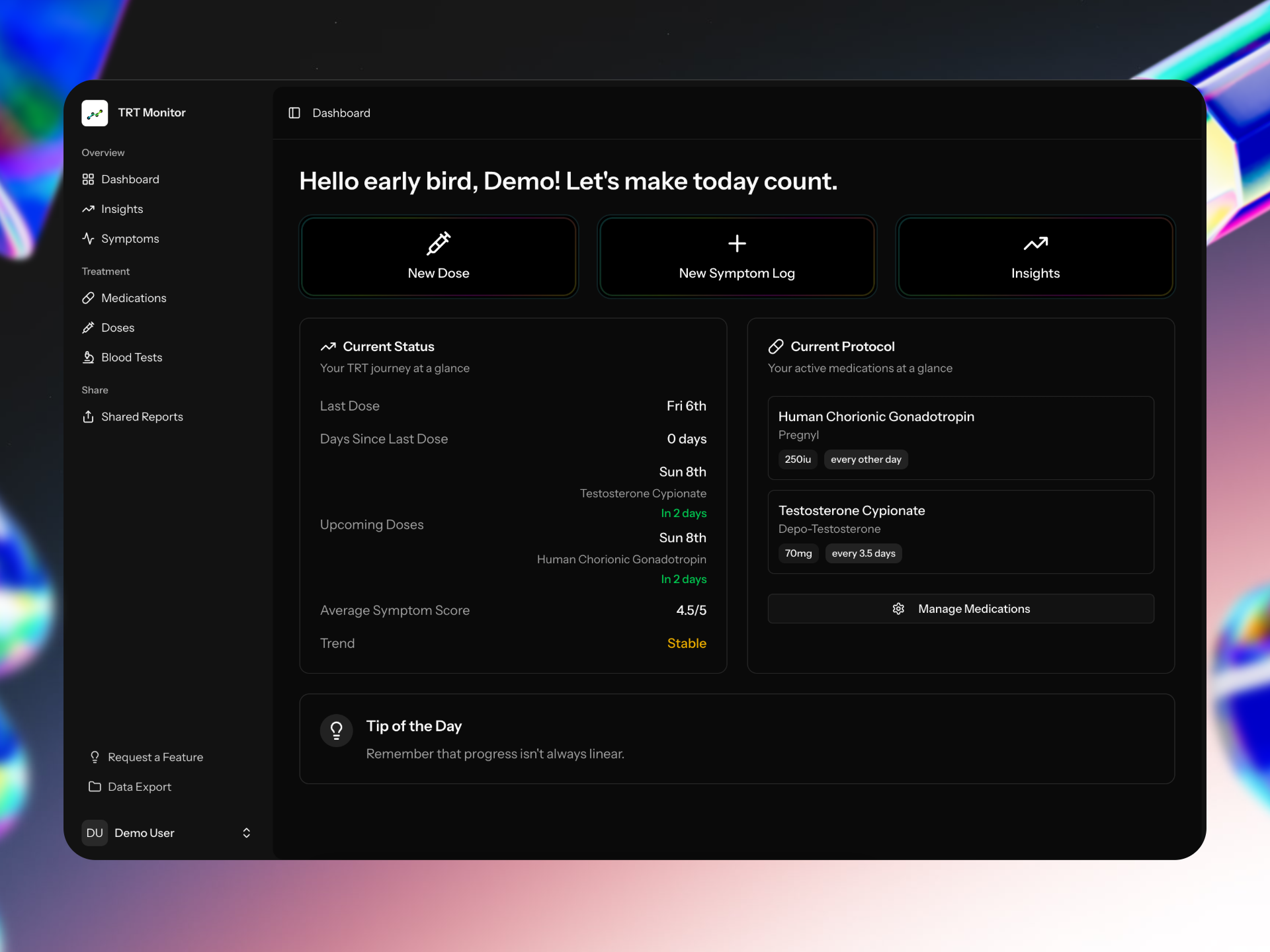 Dashboard shown in the TRT Monitor app